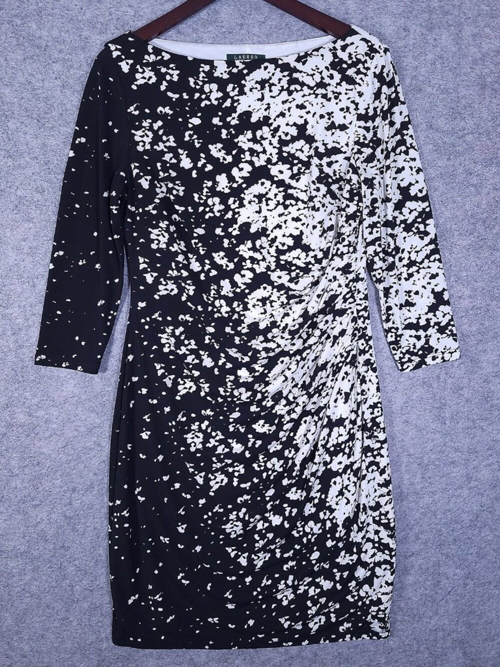 Lauren Ralph Lauren Dress Womens 12 Black White Floral Ruched Sheath 3/4 Sleeve